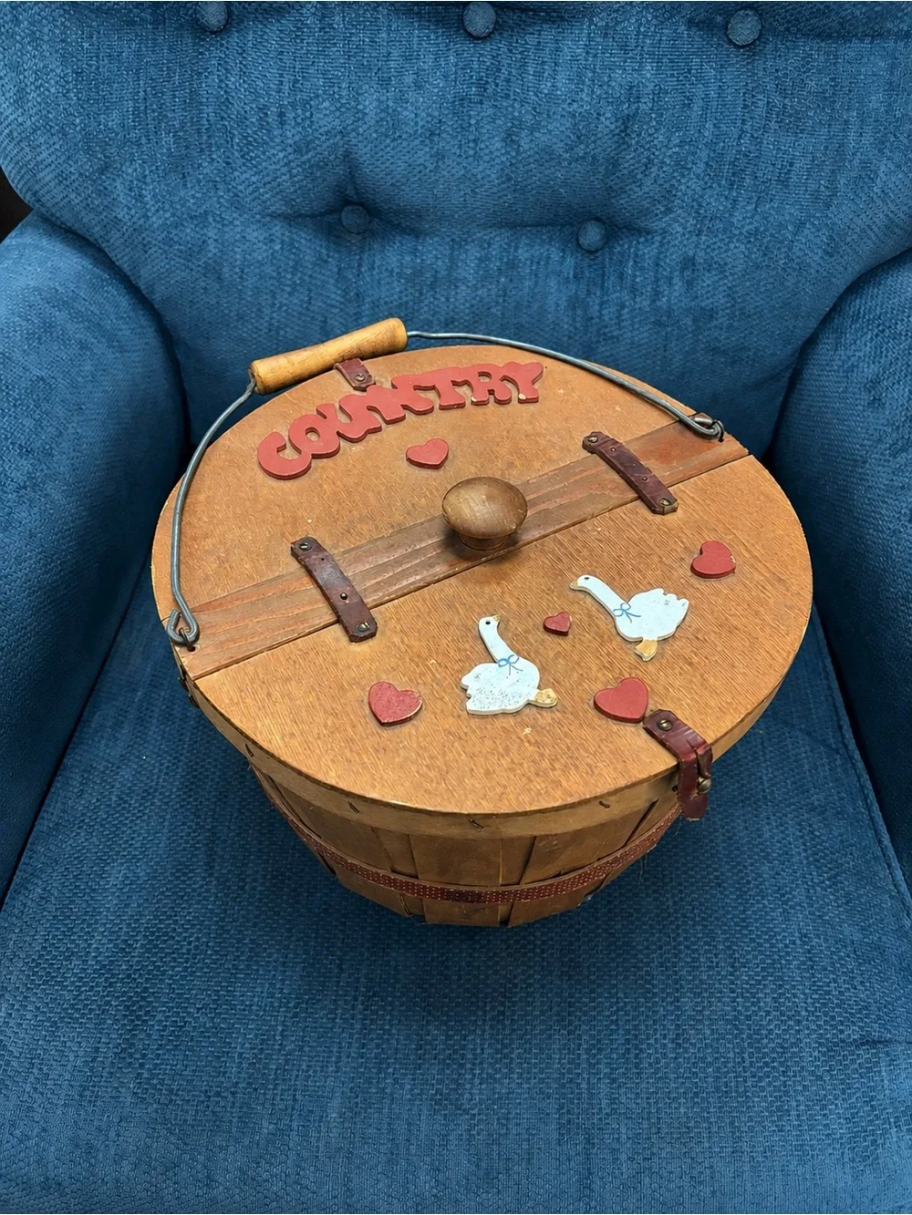 Vintage Country Folk Art Wooden Basket Box with Goose & Heart Details